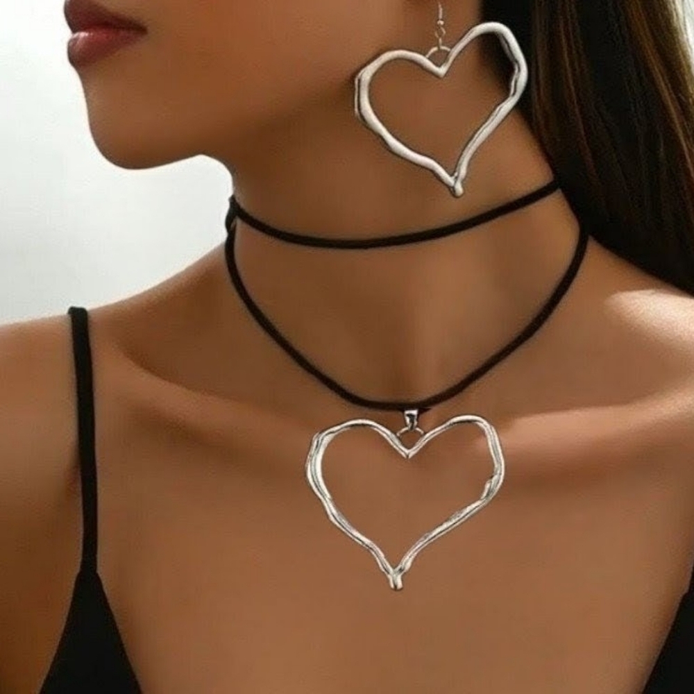 Silver Heart Necklace & Earring Set